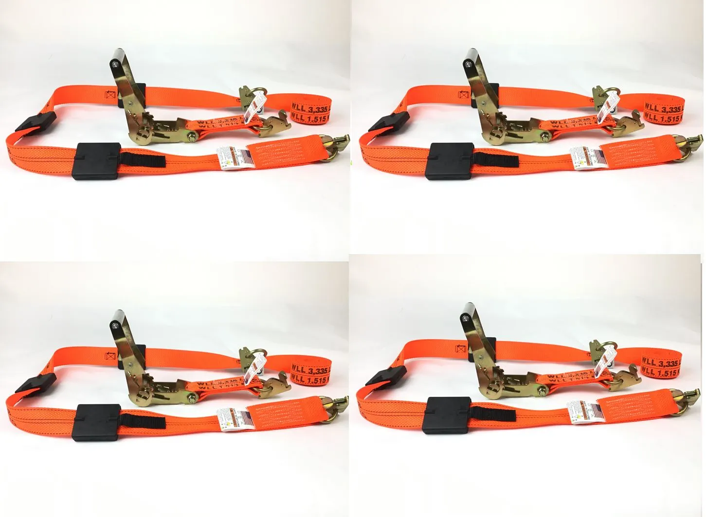 2" x 11' DIAMOND WEAVE 3 Point Wheel Strap with 3 Rubber Tread Grabs and Ratchet (Heavy Duty O-Ring E TRACK Fitting) | Pack of 4