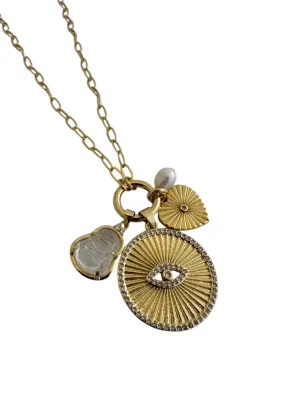 30" Gold Papeclip Necklace with Buddha, Evil Eye, Heart and Pearl Charms