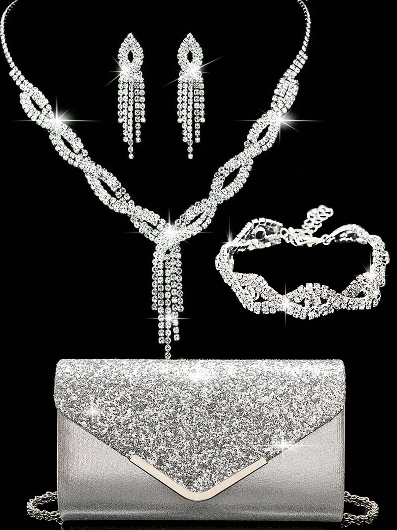 4 Pieces Women Rhinestone Evening Clutch Bag Rhinestone Ear Clip Bridal Wedding Choker Bracelet Dangle Bling Glitter Purse