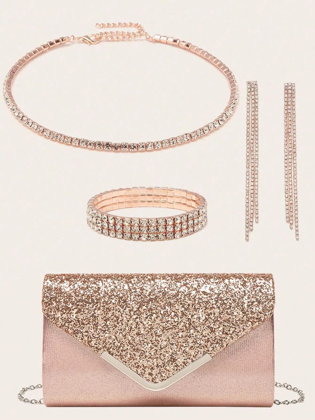 4 Pieces Women Rhinestone Evening Clutch Bag Rhinestone Ear Clip Bridal Wedding Choker Bracelet Dangle Bling Glitter Purse