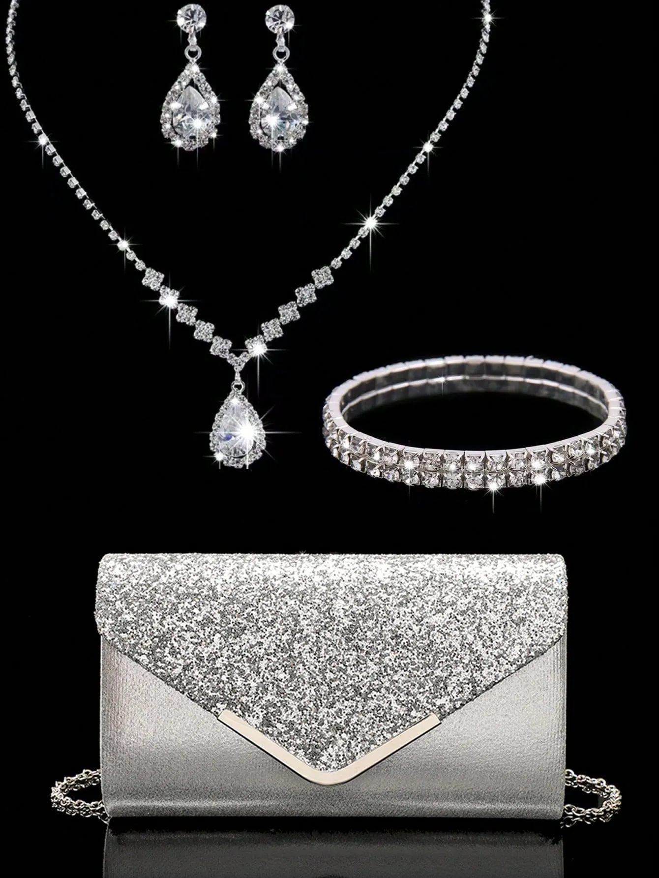 4 Pieces Women Rhinestone Evening Clutch Bag Rhinestone Ear Clip Bridal Wedding Choker Bracelet Dangle Bling Glitter Purse