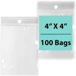 4X4 inches Reclosable Poly Bags with Hang Hole 2 Mil (LDPE) Single Track Zipper