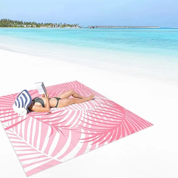 78''×86'' Pink Beach Blanket 1-4 Adults, Polyester Waterproof Sandproof Beach Mat with 4 Stakes & Pockets, Large Compact Foldable Outdoor Blanket for Picnic, Travel, Camping - Tropical Palm Leaves