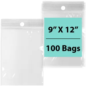 9X12 inches Reclosable Poly Bags with Hang Hole 4 Mil (LDPE) Single Track Zipper