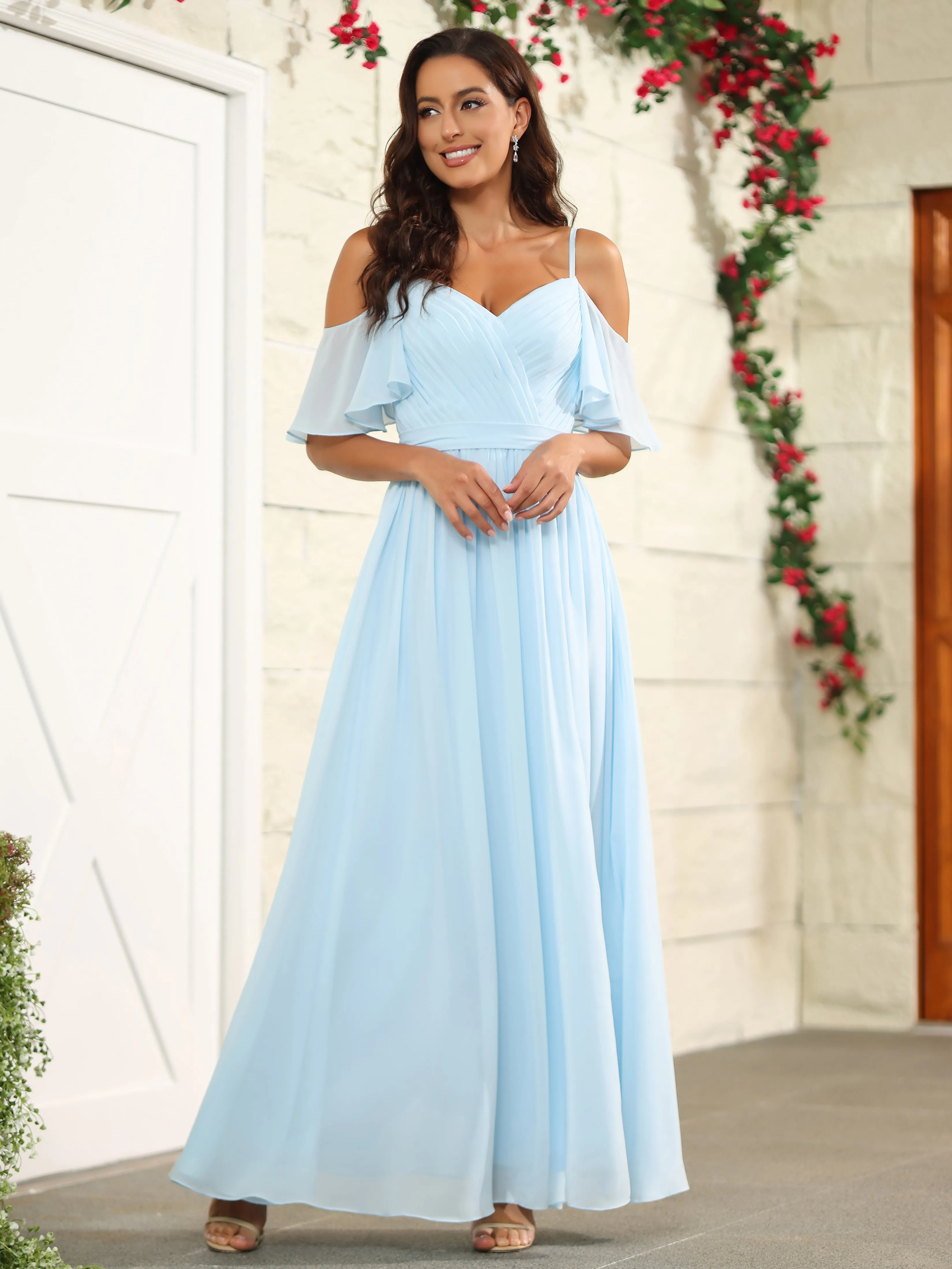 A Line Chiffon Off The Shoulder Wedding Guest Dresses with Slit