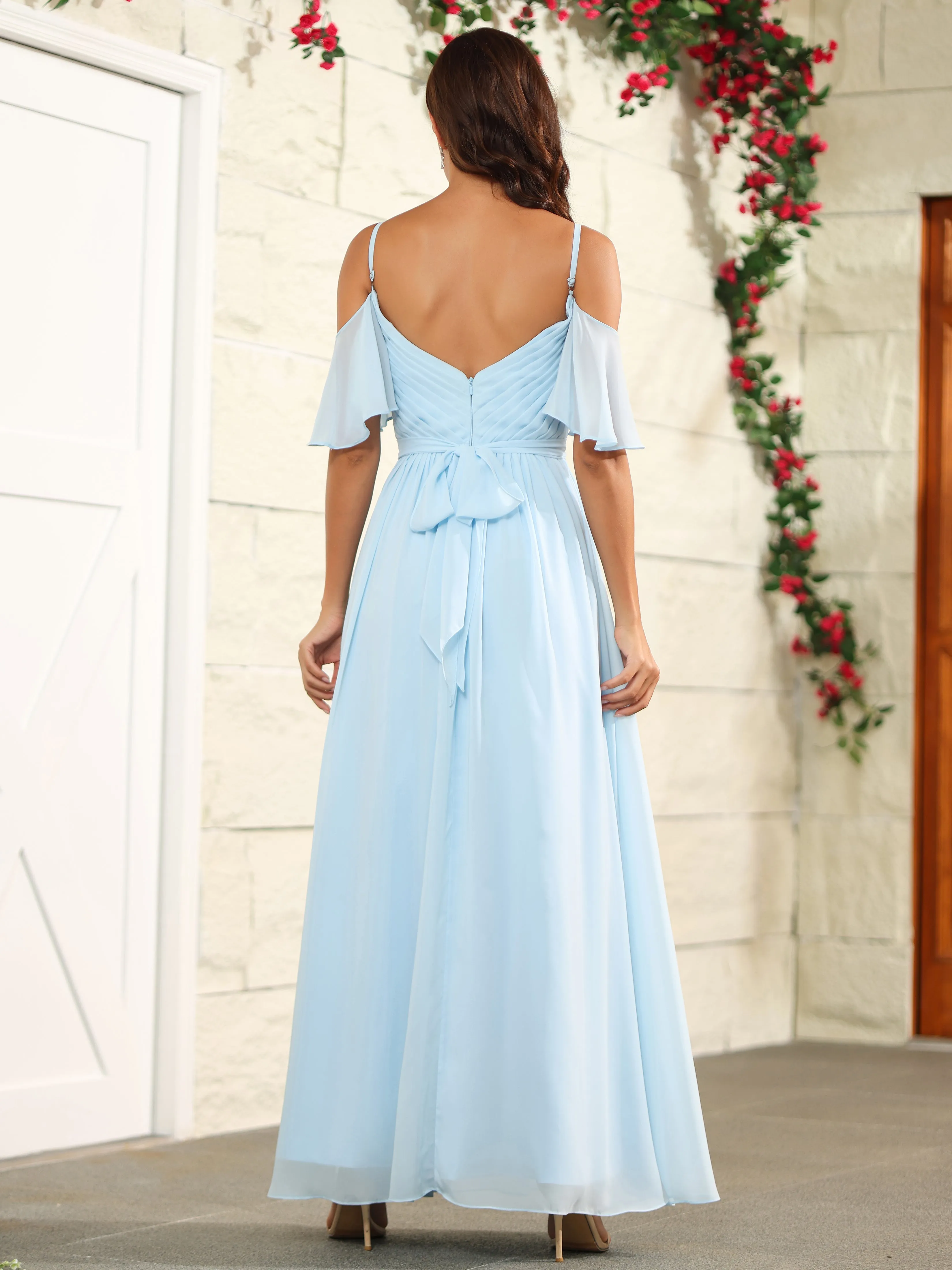 A Line Chiffon Off The Shoulder Wedding Guest Dresses with Slit