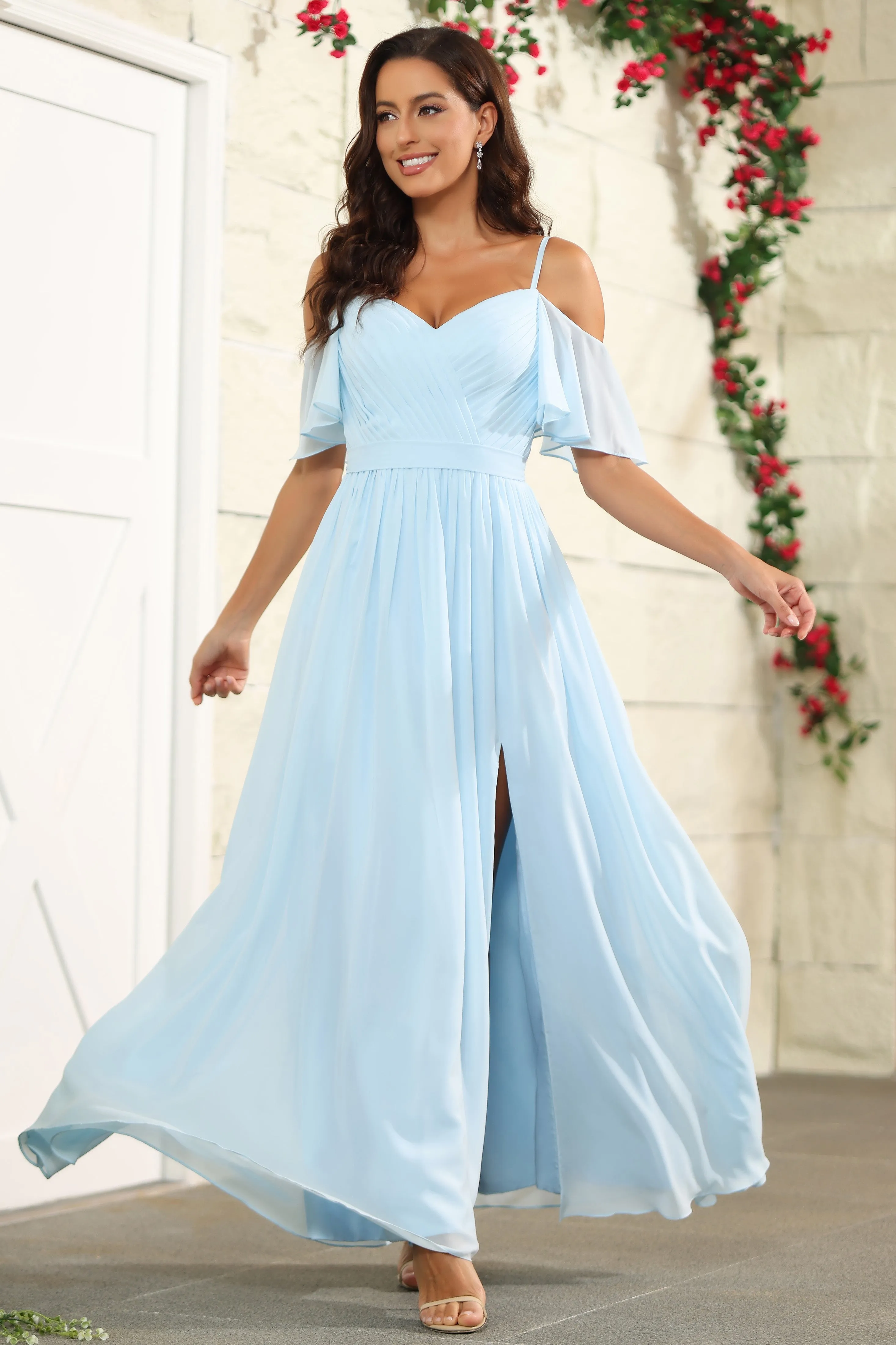 A Line Chiffon Off The Shoulder Wedding Guest Dresses with Slit