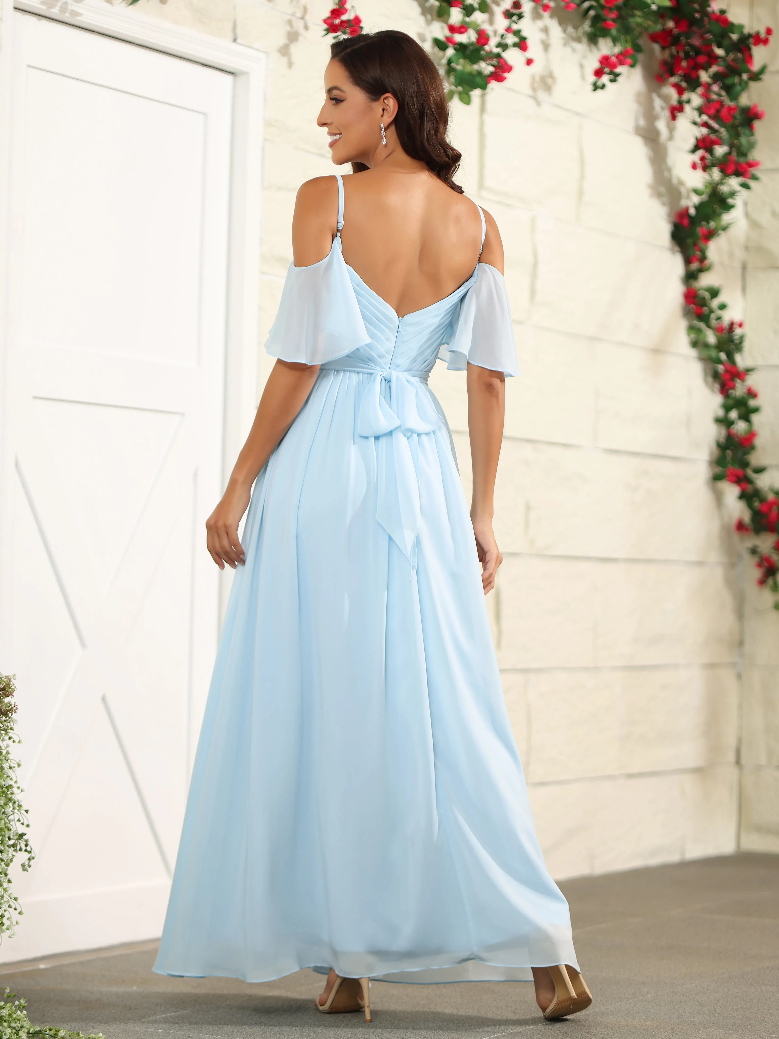 A Line Chiffon Off The Shoulder Wedding Guest Dresses with Slit
