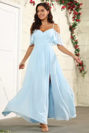 A Line Chiffon Off The Shoulder Wedding Guest Dresses with Slit