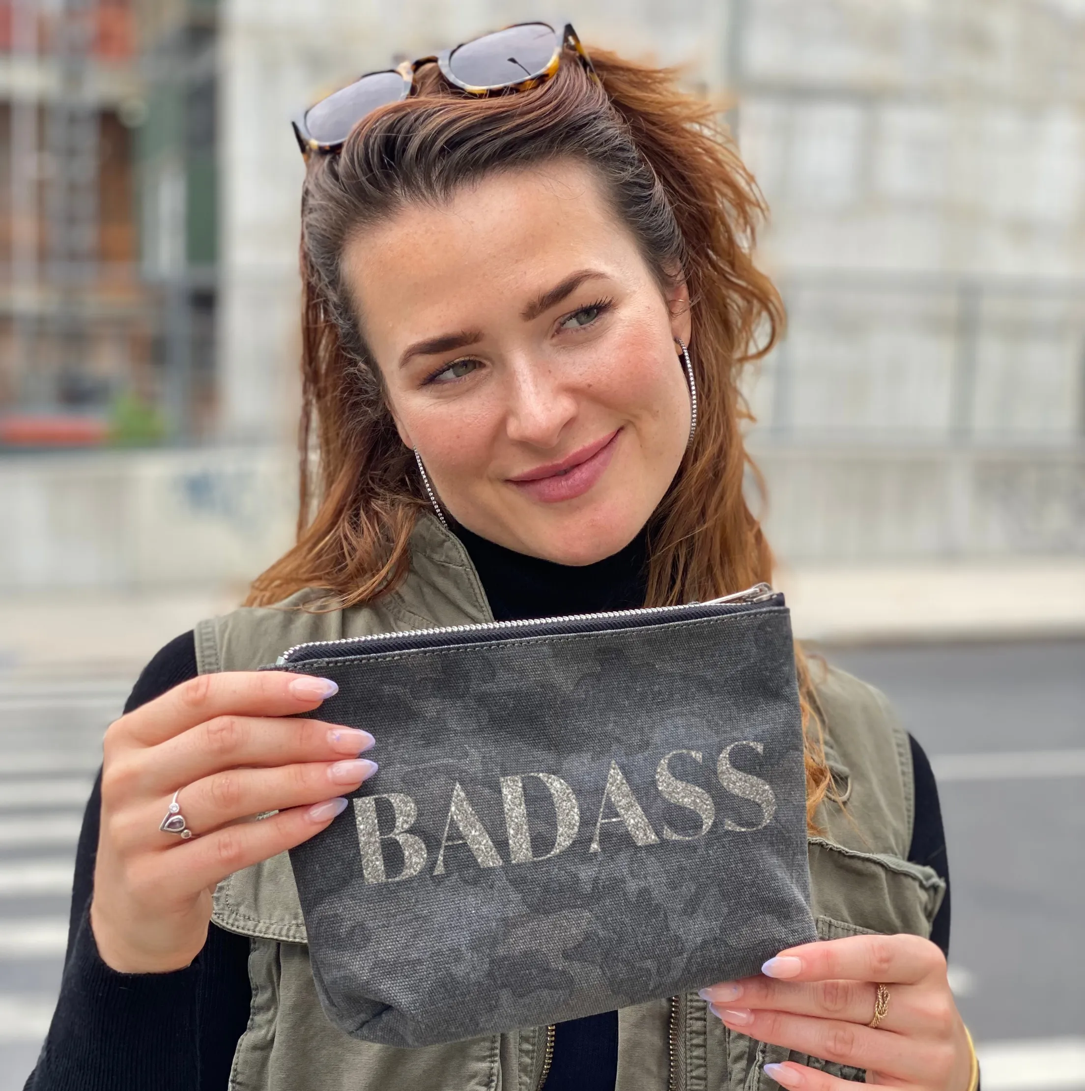 BADASS Makeup Bag- Silver Glitter on Black Camo