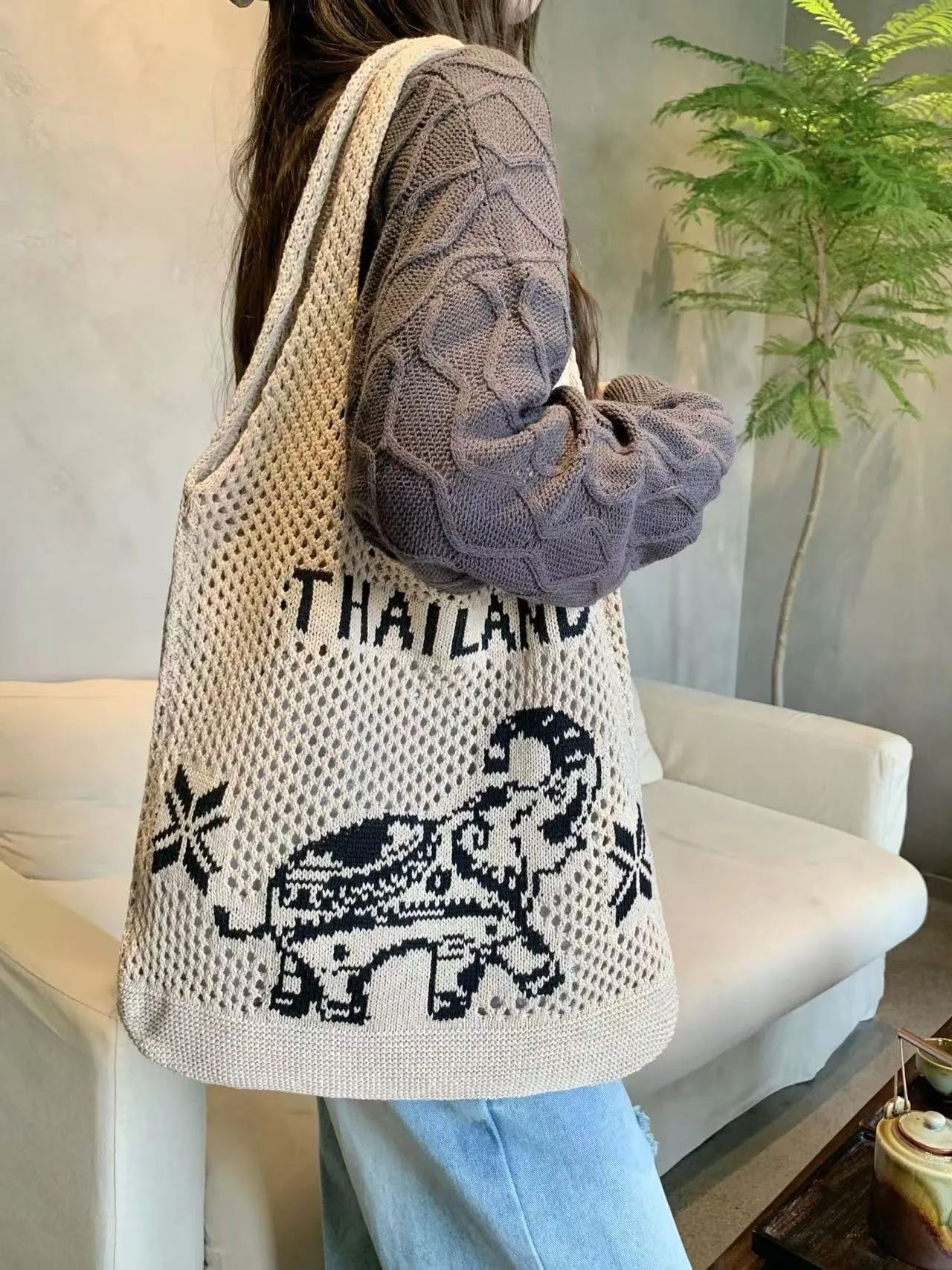 Bag Women Elephant Tote x – for 40cm Courteous 38cm Cotton Woven Handmade | Best-priced Strap Shoulder with Pattern 30cm Rope