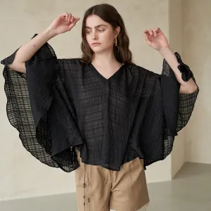 Bead-embellished Paneled Cape Sleeve Blouse