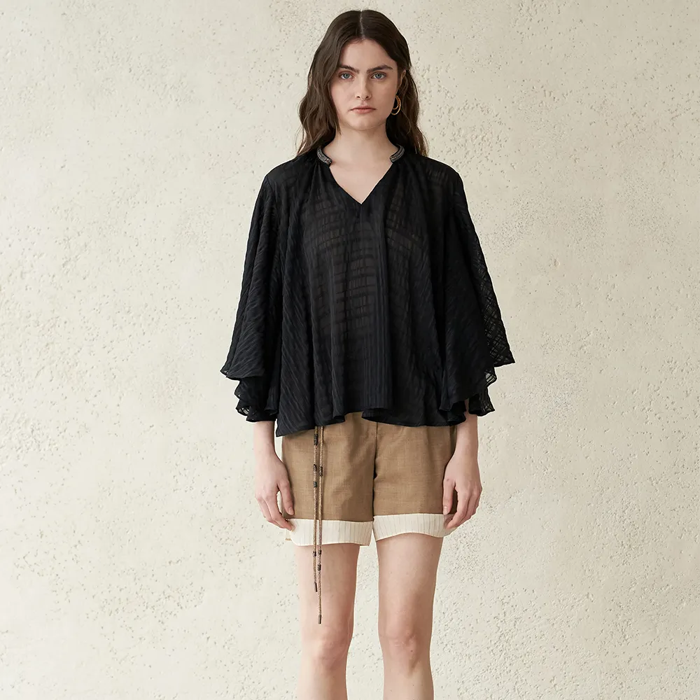 Bead-embellished Paneled Cape Sleeve Blouse