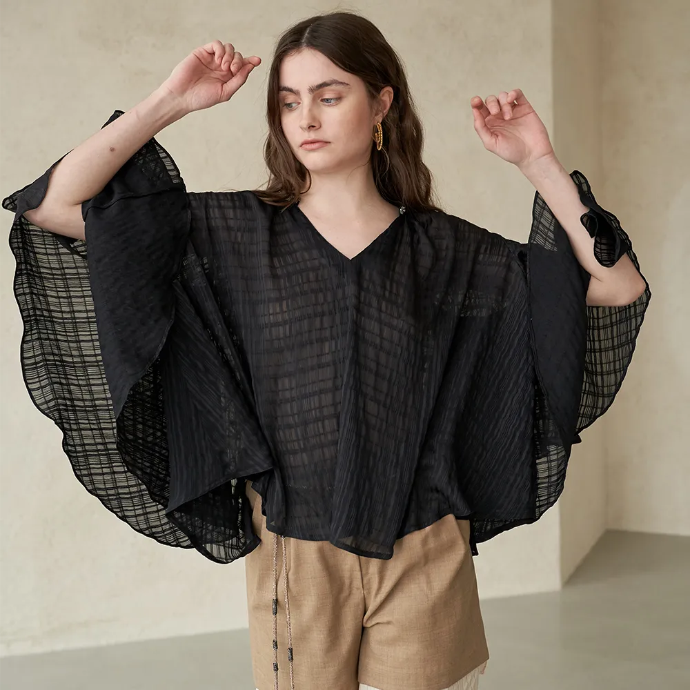 Bead-embellished Paneled Cape Sleeve Blouse