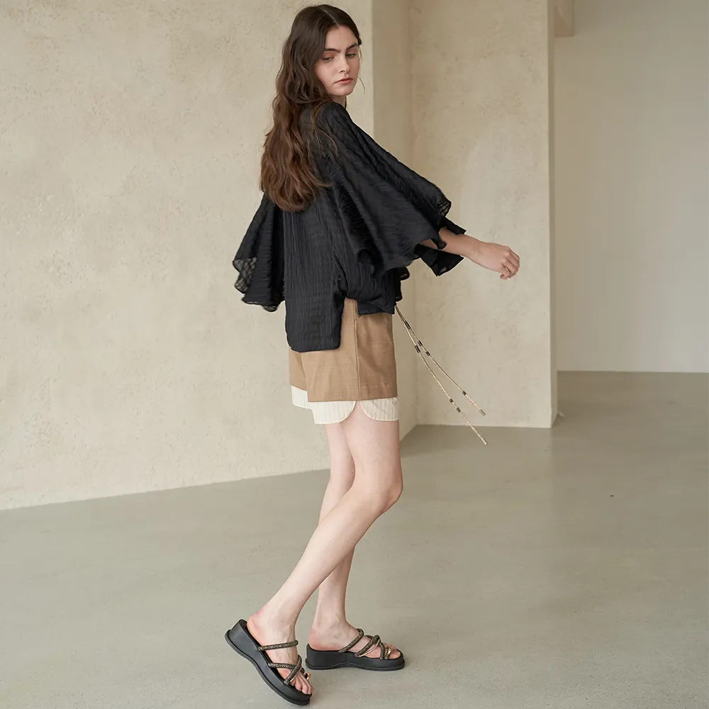 Bead-embellished Paneled Cape Sleeve Blouse