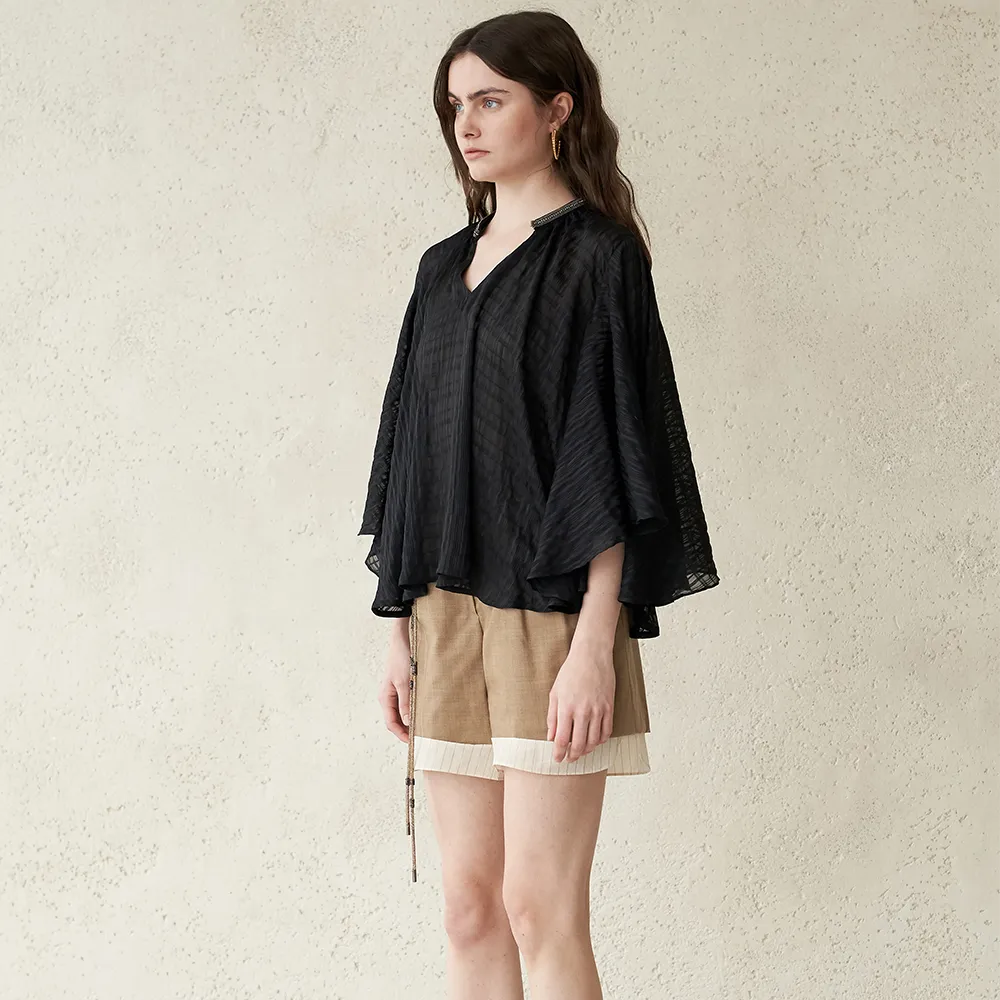 Bead-embellished Paneled Cape Sleeve Blouse