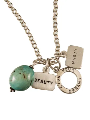 Beauty, Live Your Dreams, Magic Triple Tag Charm Necklace with Turquoise