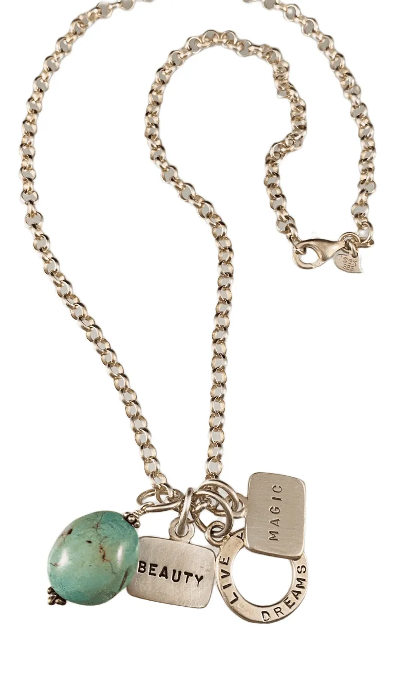 Beauty, Live Your Dreams, Magic Triple Tag Charm Necklace with Turquoise