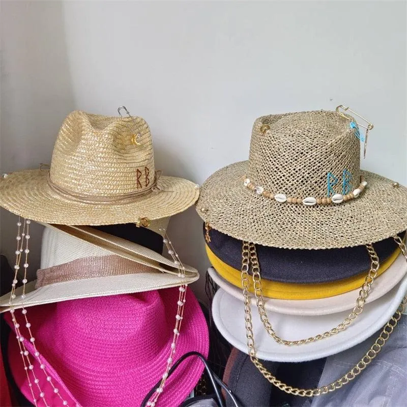 Beige Straw Punk Embellished Flat Top Hat