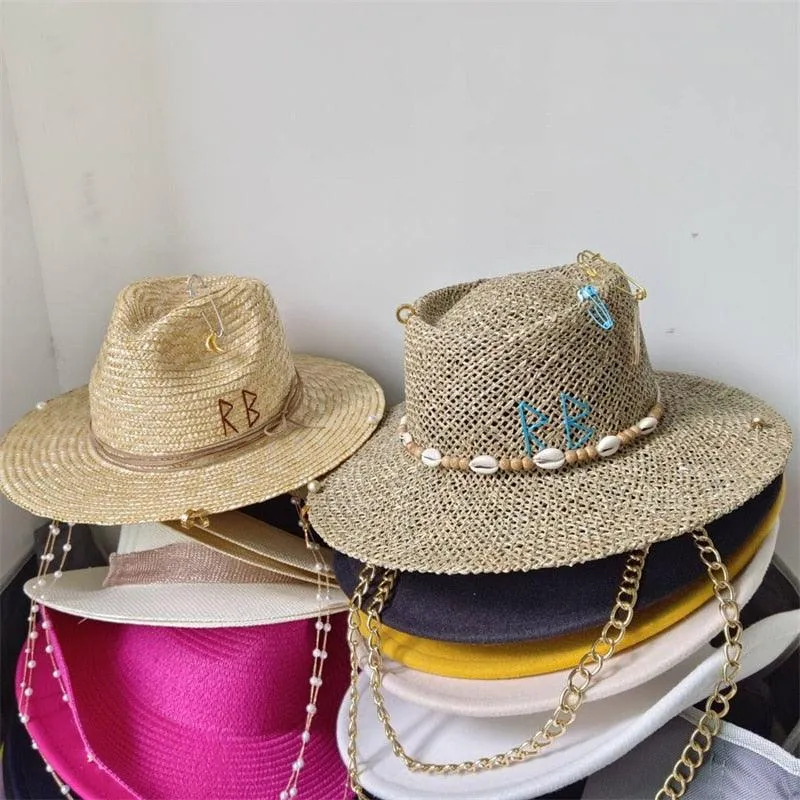 Beige Straw Punk Embellished Flat Top Hat