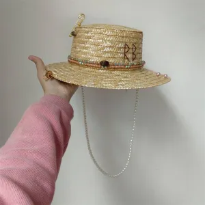 Beige Straw Punk Embellished Flat Top Hat