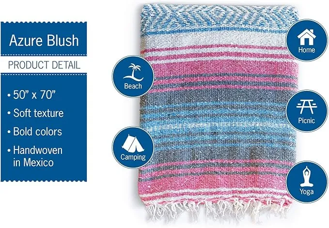 Benevolence LA Authentic Handwoven Mexican Blanket, Yoga Blanket - Perfect Outdoor Picnic Blanket, Beach Blanket, Camping Blanket, Equestrian Saddle Blanket, Serape Blanket 50x70 inches - 1 Blanket