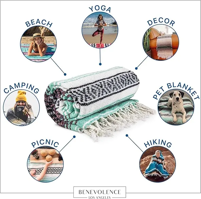 Benevolence LA Authentic Handwoven Mexican Blanket, Yoga Blanket - Perfect Outdoor Picnic Blanket, Beach Blanket, Camping Blanket, Equestrian Saddle Blanket, Serape Blanket 50x70 inches - 1 Blanket