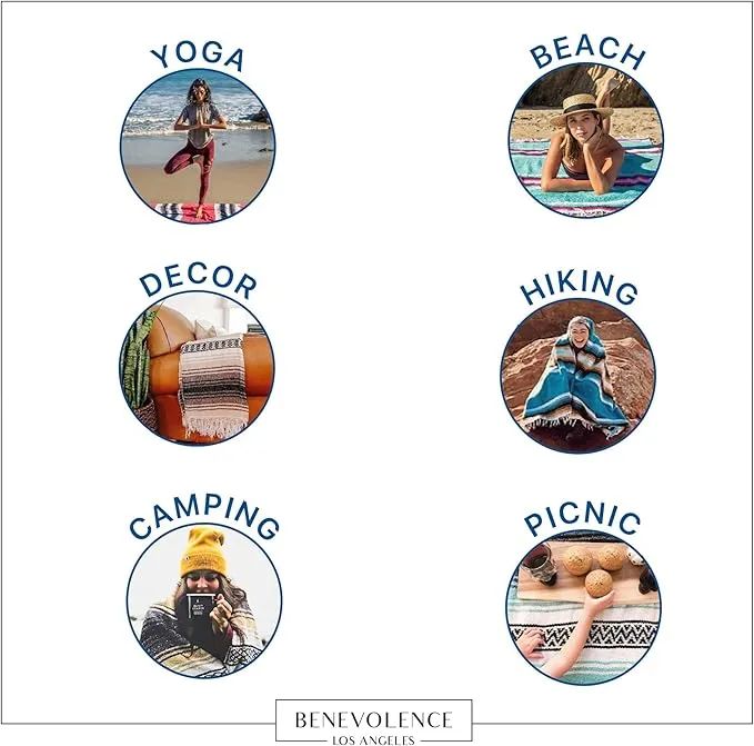 Benevolence LA Authentic Handwoven Mexican Blanket, Yoga Blanket - Perfect Outdoor Picnic Blanket, Beach Blanket, Camping Blanket, Equestrian Saddle Blanket, Serape Blanket 50x70 inches - 1 Blanket