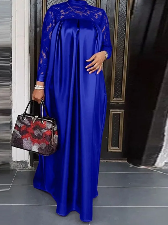 BerryBetty - Summer Kaftan Party Dress Bohemian Women Long Sleeve Mock Neck Lace Patchwork Maxi Long Dress Robe Longues Oversized