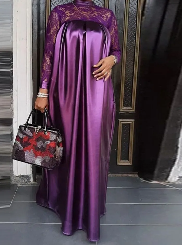 BerryBetty - Summer Kaftan Party Dress Bohemian Women Long Sleeve Mock Neck Lace Patchwork Maxi Long Dress Robe Longues Oversized