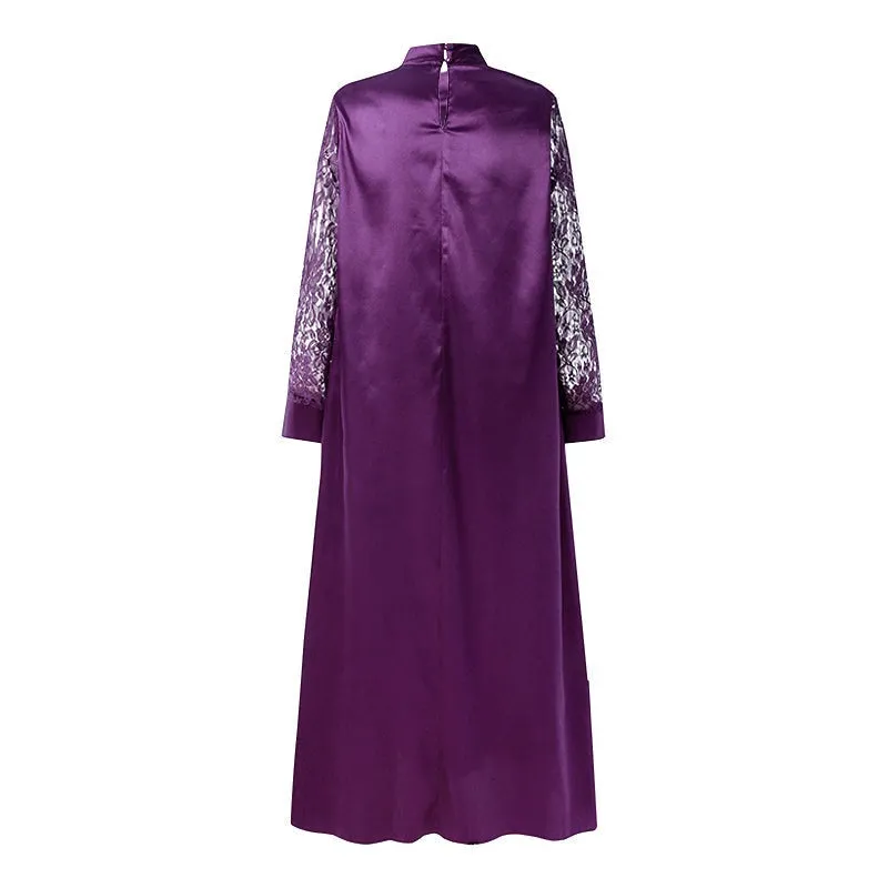 BerryBetty - Summer Kaftan Party Dress Bohemian Women Long Sleeve Mock Neck Lace Patchwork Maxi Long Dress Robe Longues Oversized