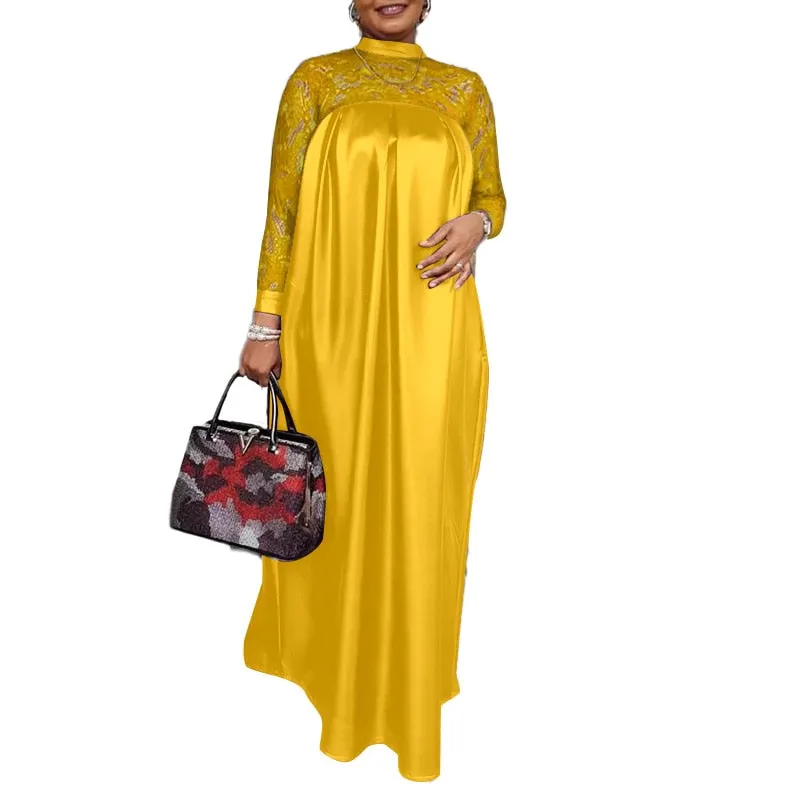 BerryBetty - Summer Kaftan Party Dress Bohemian Women Long Sleeve Mock Neck Lace Patchwork Maxi Long Dress Robe Longues Oversized