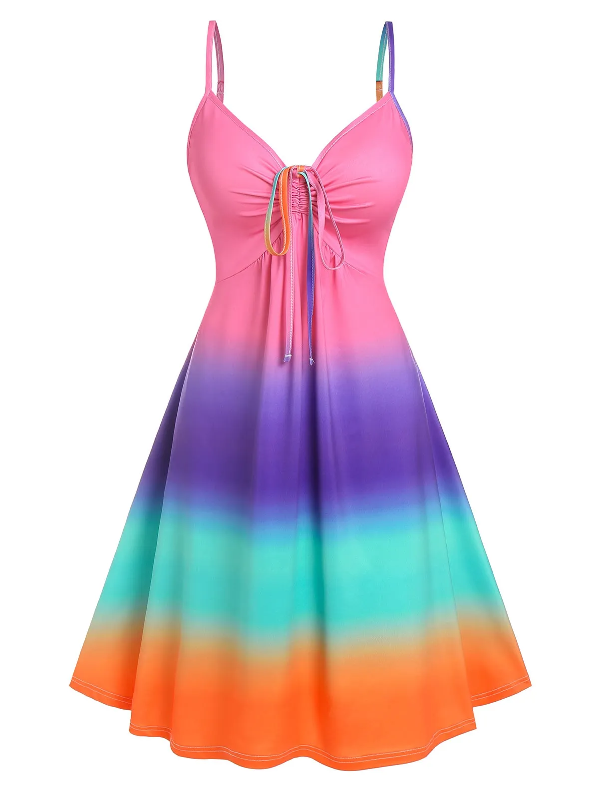 BerryBetty - Wipalo Casual Dress Plus Size Women Cinched Rainbow Color Ombre Slip Dress Spaghetti Strap Summer Sexy Party Dress Robe Femme