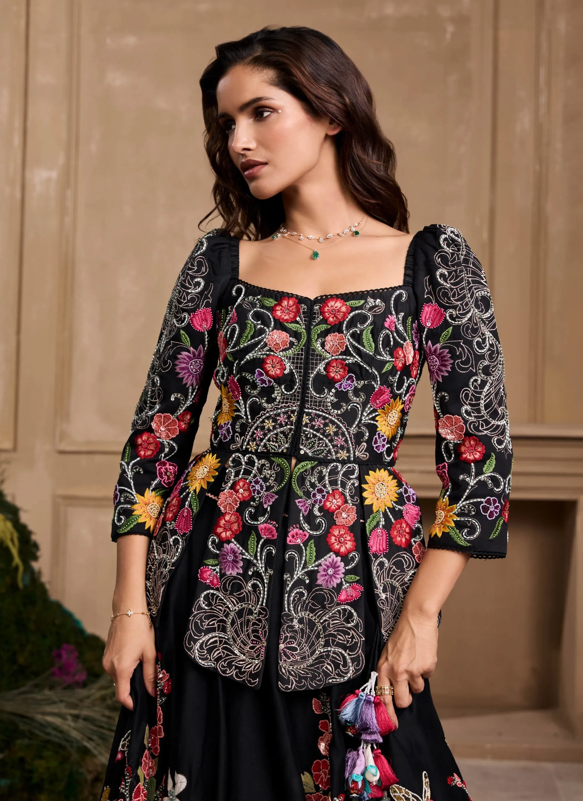Black floral embroidered panelled jacket and lehenga