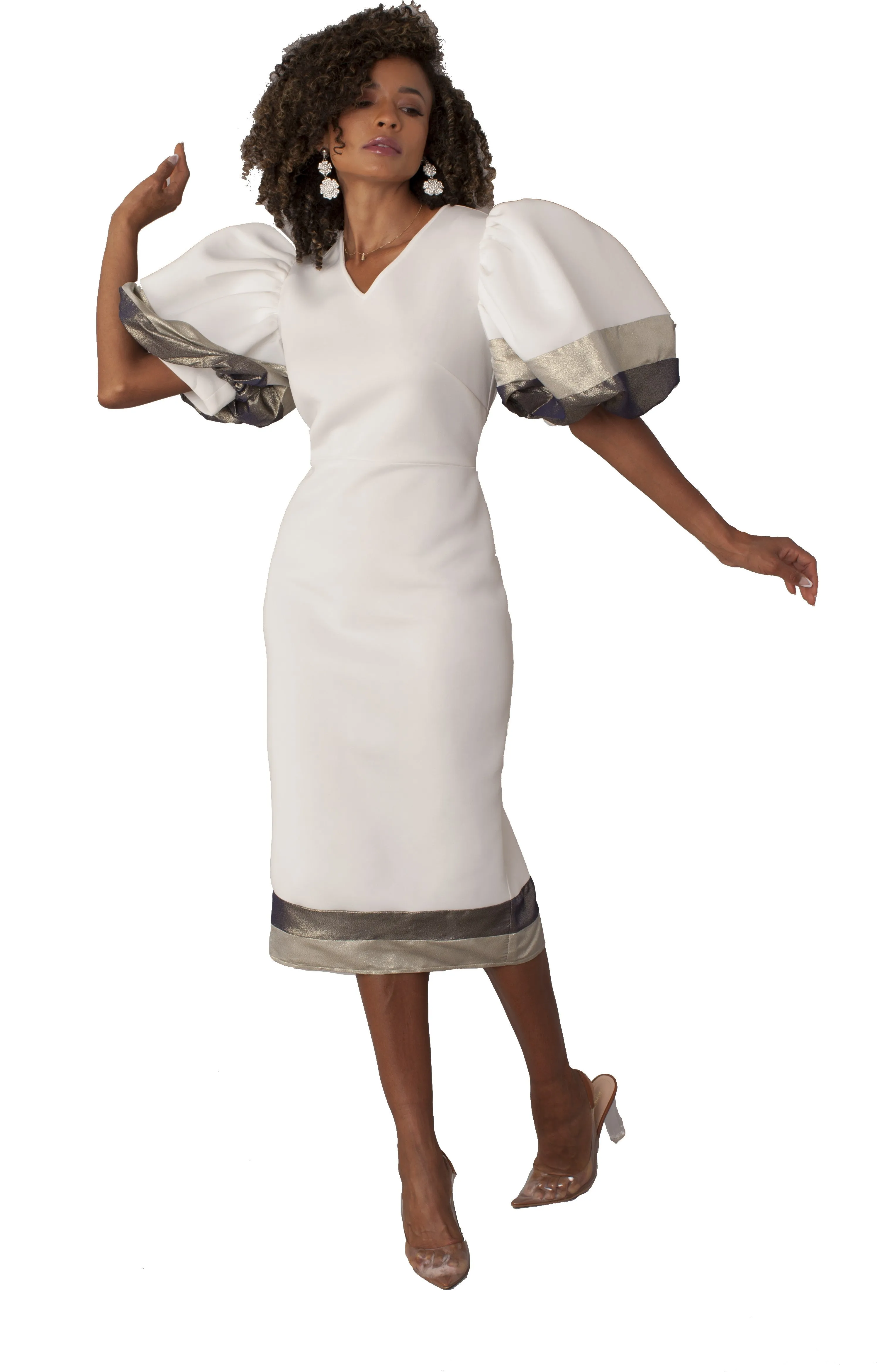 Black Midi Dress with Metallic Puff Sleeves -82141