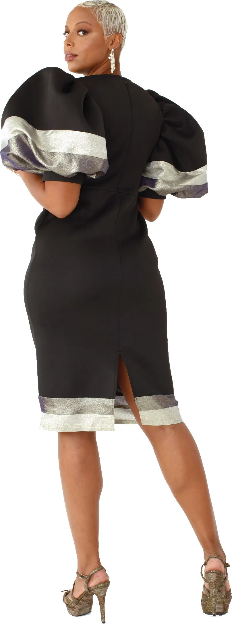 Black Midi Dress with Metallic Puff Sleeves -82141