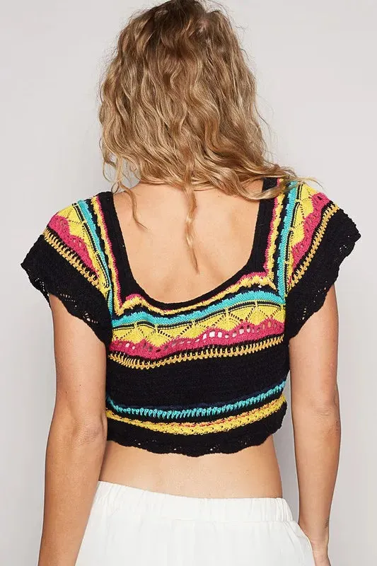 Black Pattern Cropped Knit Top