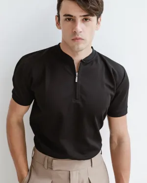BLACK ZIPPED MANDARIN COLLAR SHIRT