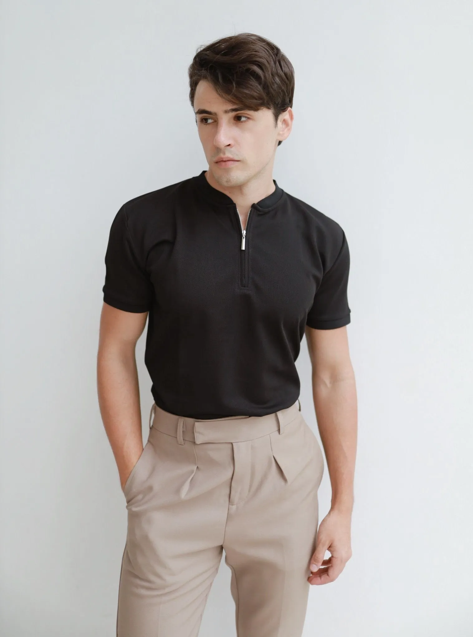BLACK ZIPPED MANDARIN COLLAR SHIRT