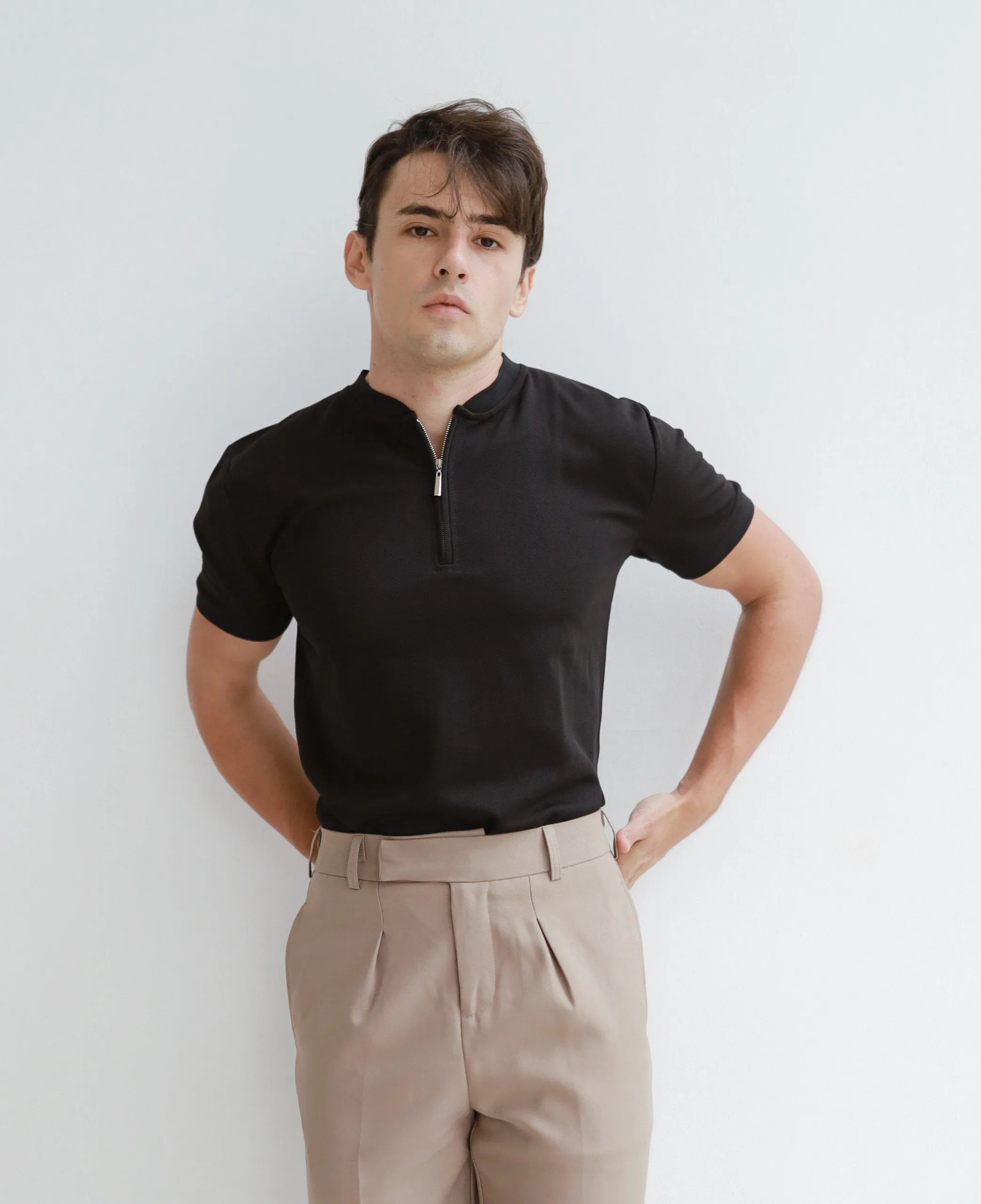 BLACK ZIPPED MANDARIN COLLAR SHIRT