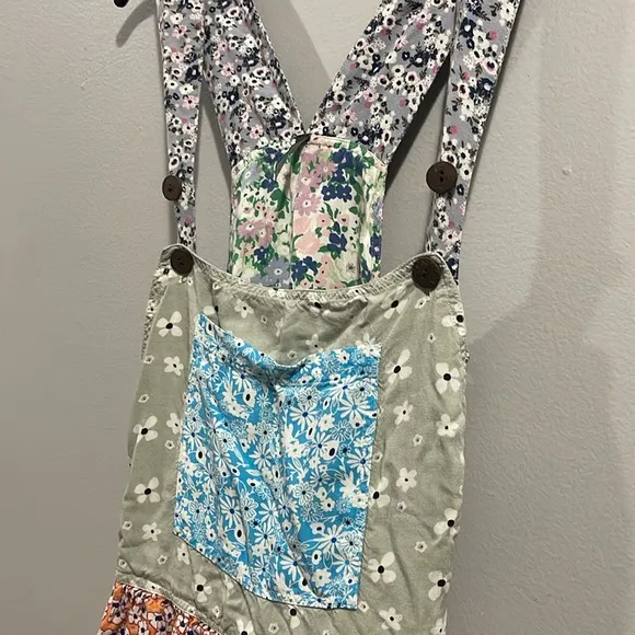 Blue Sky Floral Patchwork Romper Overall Colorful