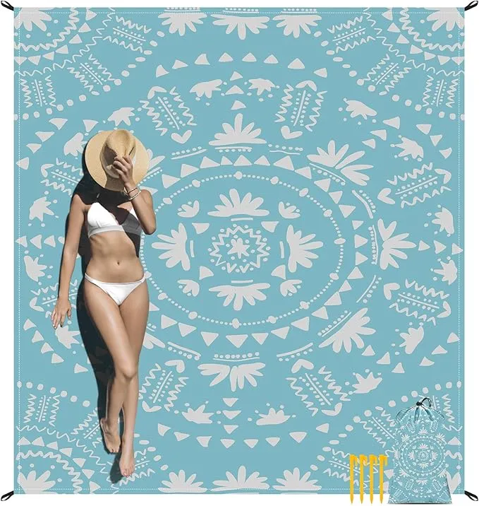 Bohemian Beach Blanket Waterproof Sandproof, 78”x 86” Large Sand Free Beach Mat with 4 Stakes & Portable Bag, Big Flodable Compact Outdoor Pockets Picnic Blanket for Festival, Camping - Boho Turquoise