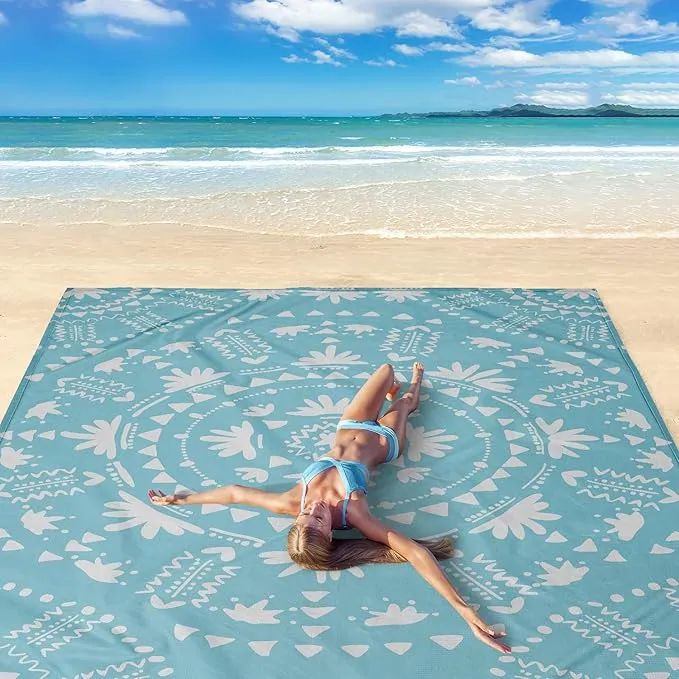 Bohemian Beach Blanket Waterproof Sandproof, 78”x 86” Large Sand Free Beach Mat with 4 Stakes & Portable Bag, Big Flodable Compact Outdoor Pockets Picnic Blanket for Festival, Camping - Boho Turquoise