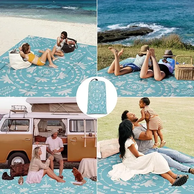 Bohemian Beach Blanket Waterproof Sandproof, 78”x 86” Large Sand Free Beach Mat with 4 Stakes & Portable Bag, Big Flodable Compact Outdoor Pockets Picnic Blanket for Festival, Camping - Boho Turquoise