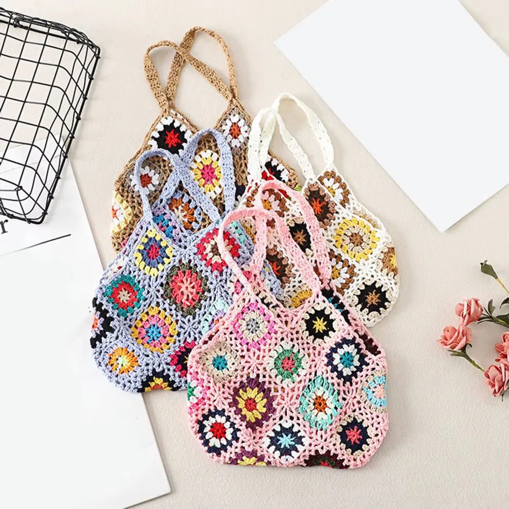 Bohemian Crochet Ladies Shoulder Bags Knitted Multicolor Hollow Tote Bag