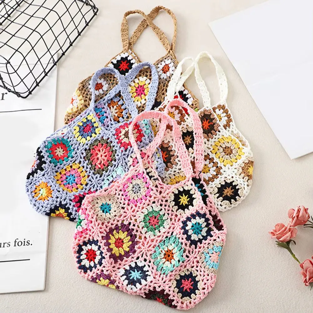 Bohemian Crochet Ladies Shoulder Bags Knitted Multicolor Hollow Tote Bag