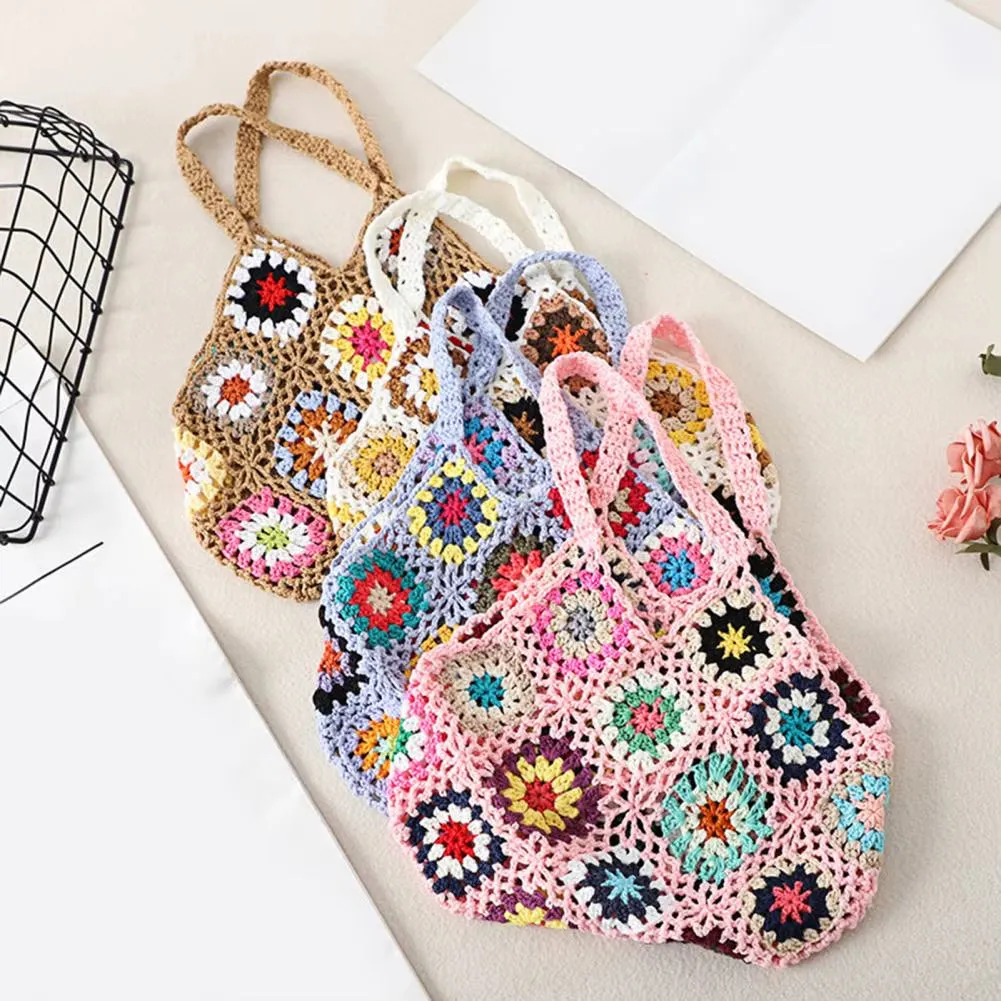 Bohemian Crochet Ladies Shoulder Bags Knitted Multicolor Hollow Tote Bag