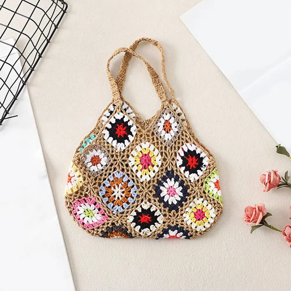 Bohemian Crochet Ladies Shoulder Bags Knitted Multicolor Hollow Tote Bag