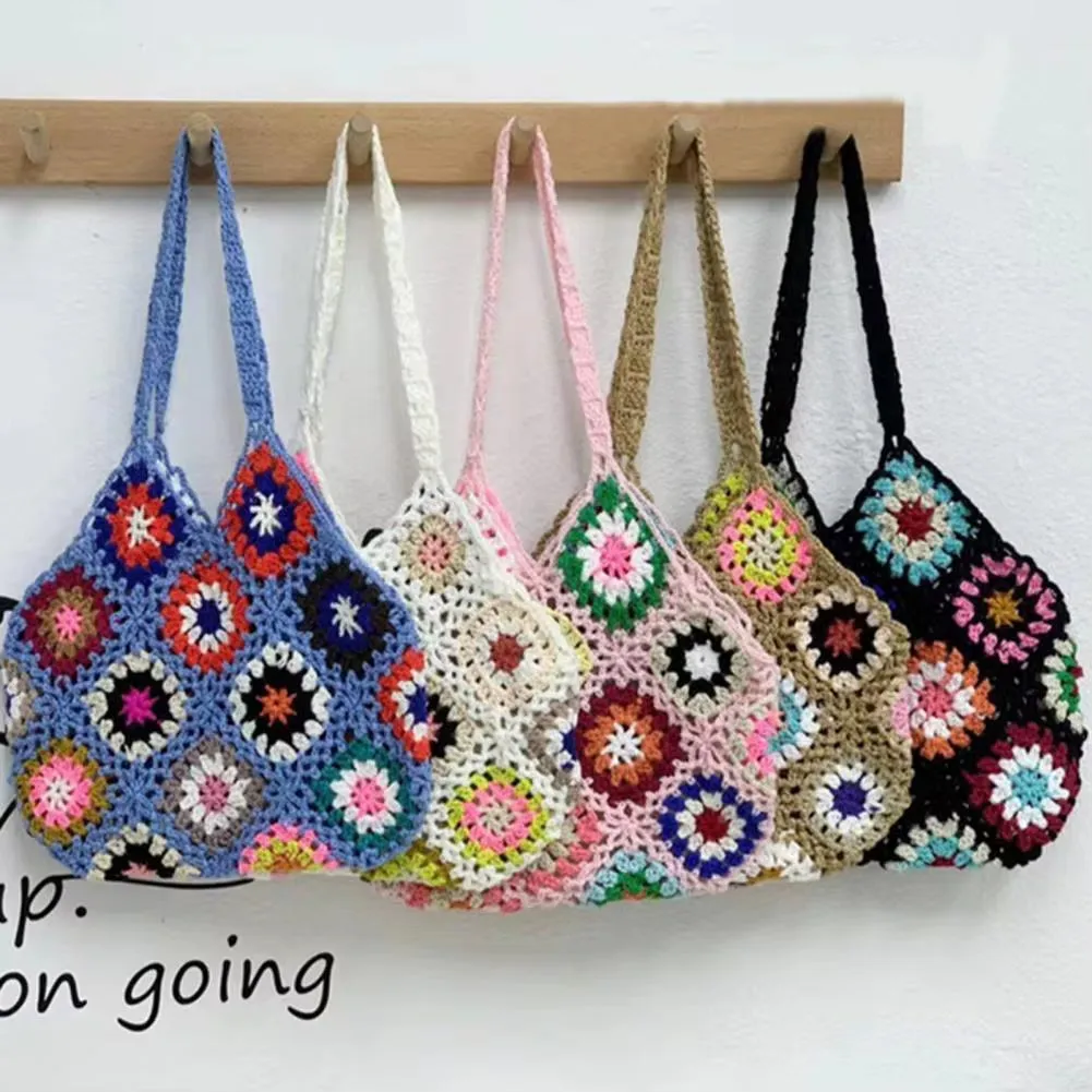 Bohemian Crochet Ladies Shoulder Bags Knitted Multicolor Hollow Tote Bag