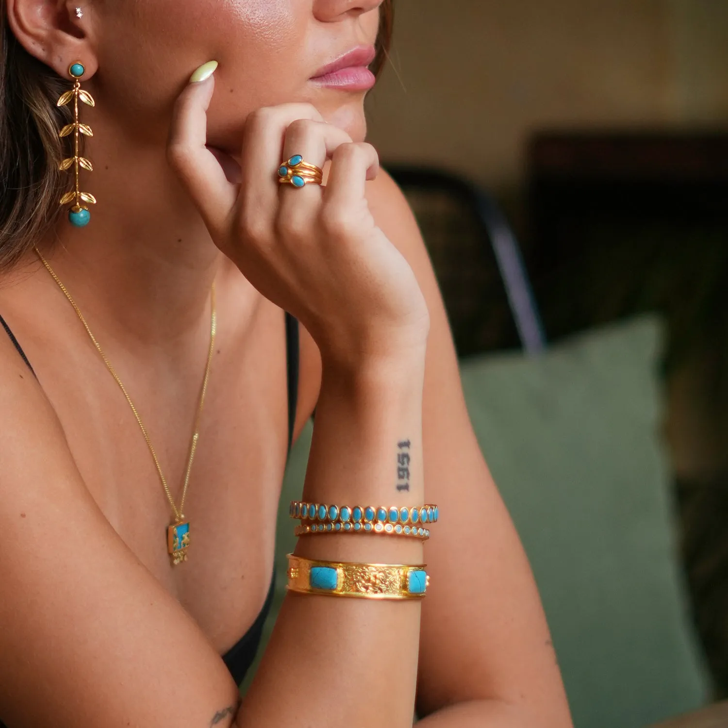 Bohemian Elegance Gold Leaf & Turquoise Stone Dangle Earrings